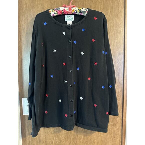 Quacker Factory Sweaters - Vintage The Quaker Factory 1x black cardigan embrodiered stars USA 100% cotton